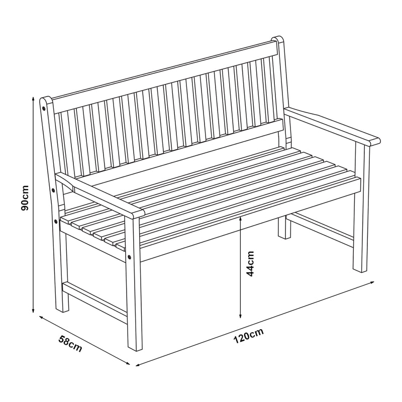 Croquis coté Banc de jardin pour 2 personnes Canzano bois d'eucalyptus 120 x 58 x 90 cm naturel casa.pro