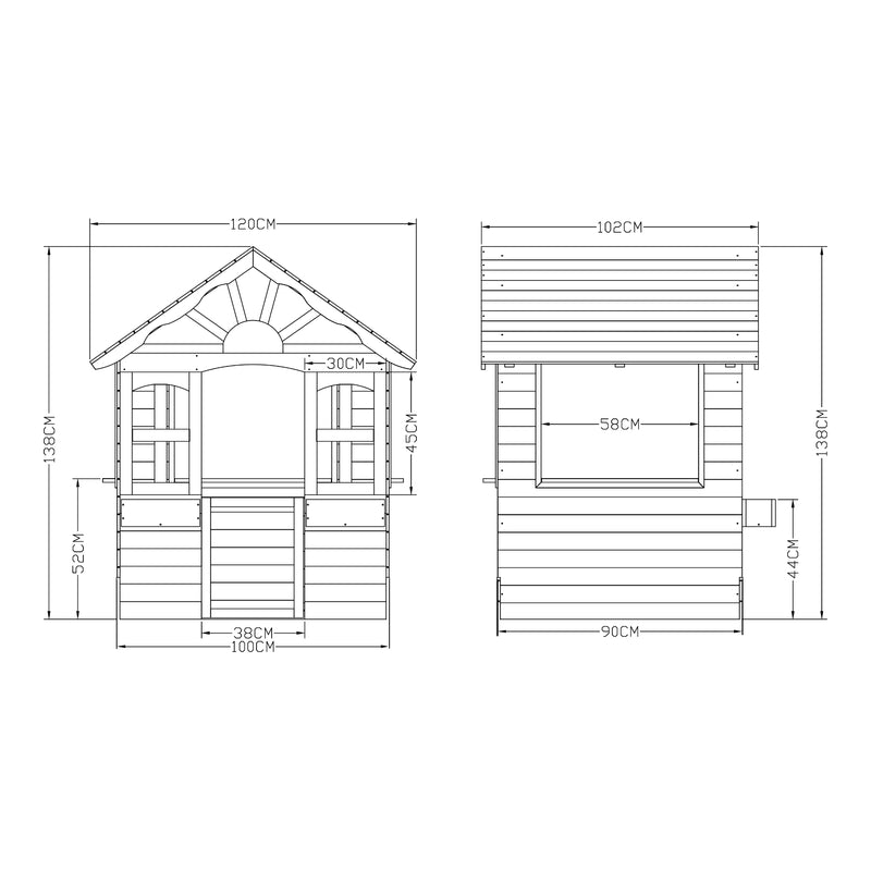 Croquis coté Cabane de jeu d'extérieur Vesa 138 x 120 x 102 cm bois de sapin gris blanc casa.pro