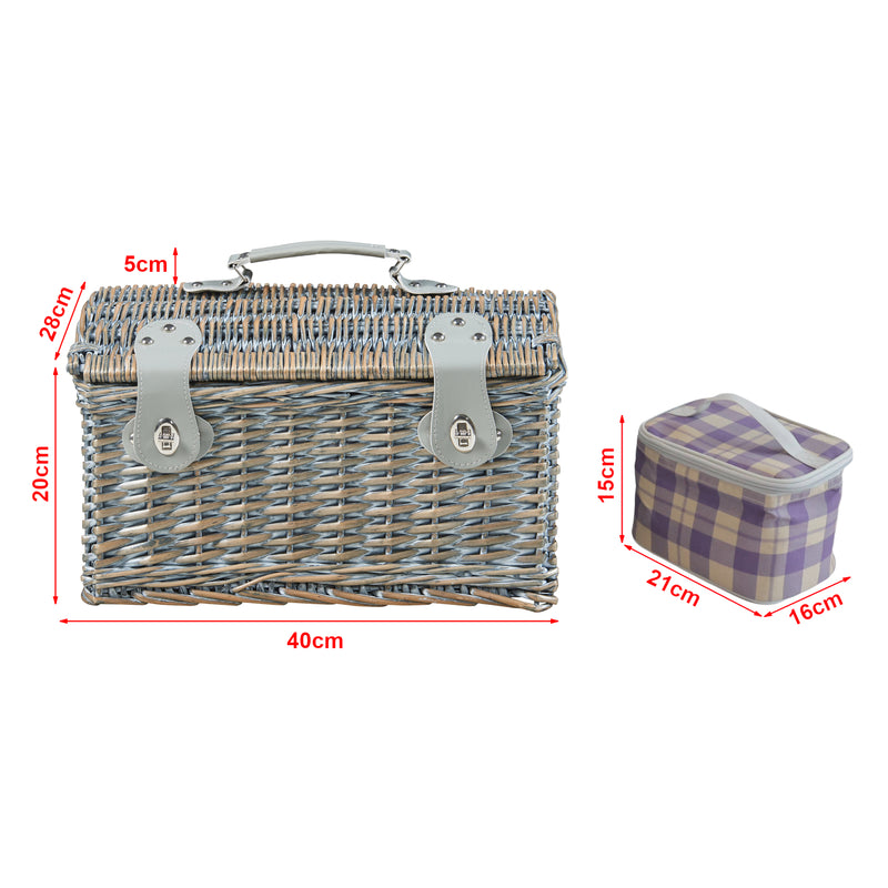 Croquis coté Panier de pique-nique Folldal pour 2 personnes avec sac isotherme gris violet beige casa.pro