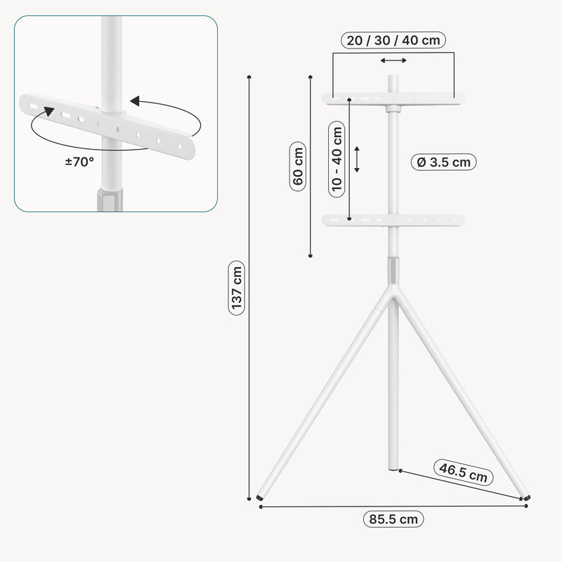 Croquis coté Support TV sur pied Valle jusqu'à 65 pouces 137 x 85,5 x 46,5 cm pro.tec