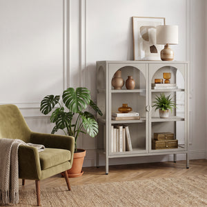 Buffet haut Klippestad acier verre trempé 95 x 80 x 35 cm camel [en.casa]