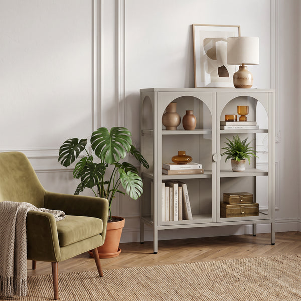 Buffet haut Klippestad acier verre trempé 95 x 80 x 35 cm camel [en.casa]