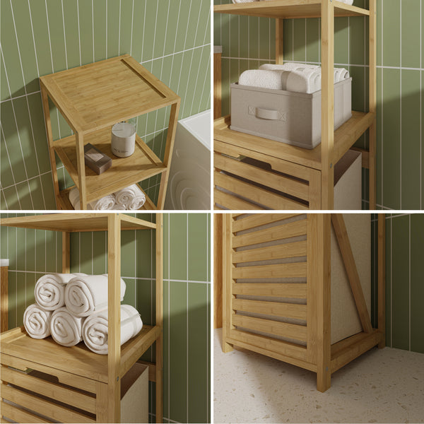 Étagère de salle de bain avec panier à linge Anun 130 x 36 x 33 cm bambou effet bois [en.casa]