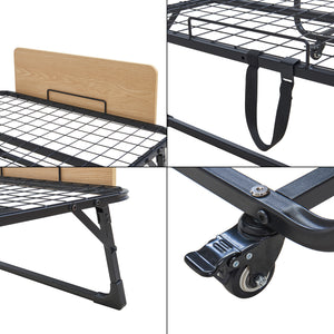 Lit pliant en métal Lustendi avec matelas 200x90cm Noir/effet chêne [en.casa]