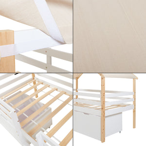 Lit maison Surnadal avec matelas 90x200 cm Bois de pin Blanc/Nature [en.casa]