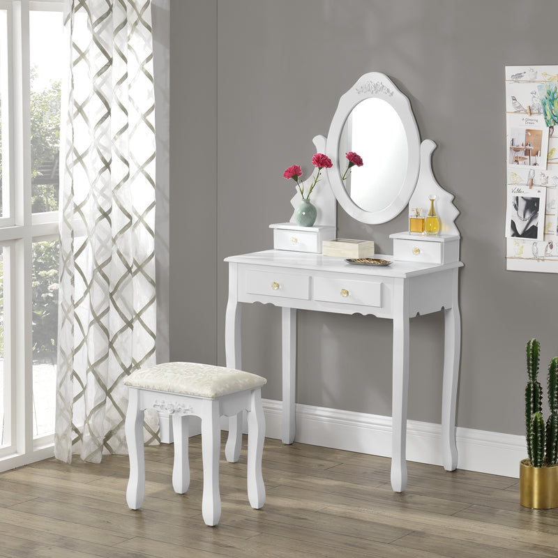 Croquis coté [en.casa] Coiffeuse Table de Maquillage avec 1 Miroir Inclinable et 4 Tiroirs et 1 Tabouret Confortable MDF et Bois 141 x 75 x 40 cm Blanc
