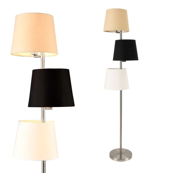 Lampadaire avec 3 Douilles Métal et Tissu 3 x E14 Hauteur 149 cm Abat-jour 26 cm Argenté Crème Noir Blanc [lux.pro] 