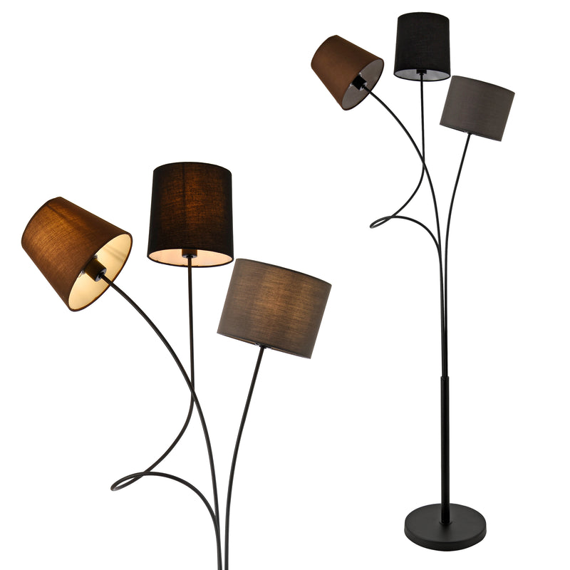 Croquis coté [lux.pro] Lampadaire Lampe sur Pied avec 3 Douilles Métal et Tissu 3 x E14 Hauteur 146 cm 3 Abat-jour Marron Noir Gris Armature Noir