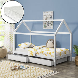 Lit enfant Lund 90x200 cm avec matelas en mousse froide Bois de pin Blanc en.casa