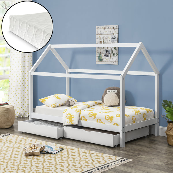 Lit enfant Lund 90x200 cm avec matelas en mousse froide Bois de pin Blanc en.casa