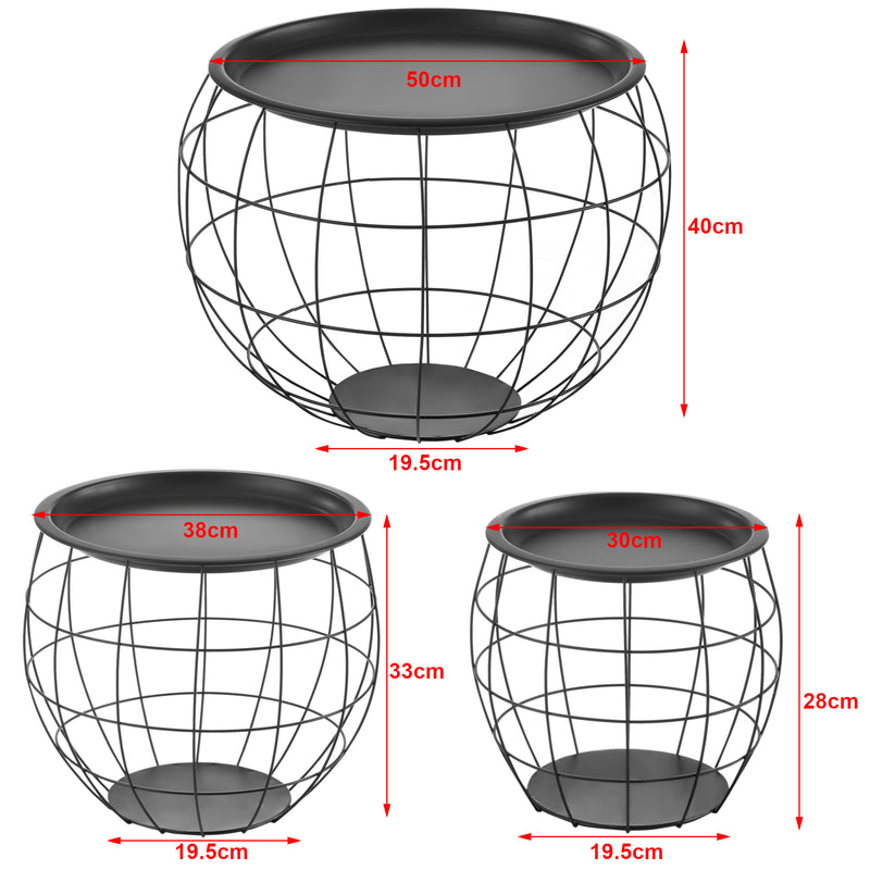 Croquis coté Kit de 3 Tables Gigognes Neman Paniers Métal Plusieurs Tailles Noir [en.casa]
