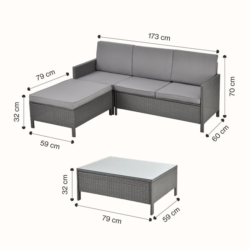 Croquis coté Salon de Jardin Design Rattan 4 Places Acier Polyrotin Verre Polyester Gris [en.casa]