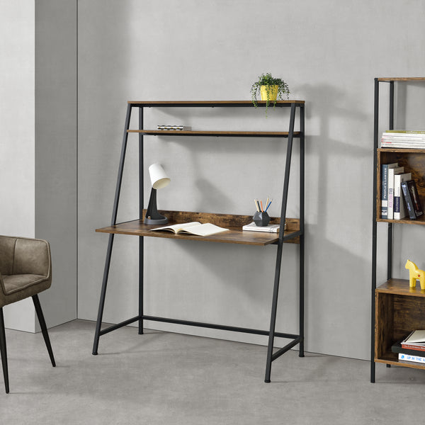 Bureau Alvdal 143x105x51cm avec 2 étagères Noir Ton de bois foncé [en.casa]