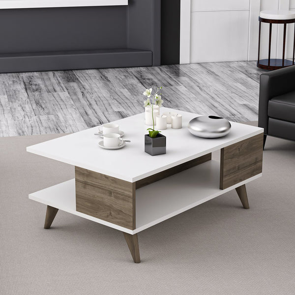 Table basse Grenaa avec tablette inférieure Blanc / aspect noyer [en.casa]