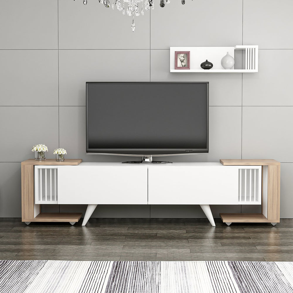 Table TV avec étagère et 2 tables d'appoint Glostrup aspect chêne / blanc [en.casa]