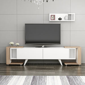 Table TV avec étagère et 2 tables d'appoint Glostrup aspect chêne / blanc [en.casa]