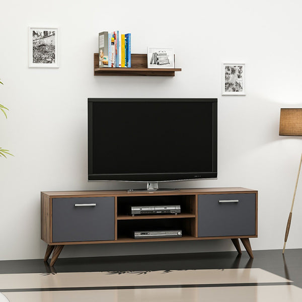 Table TV avec étagère murale Haderslev aspect noyer / anthracite [en.casa]