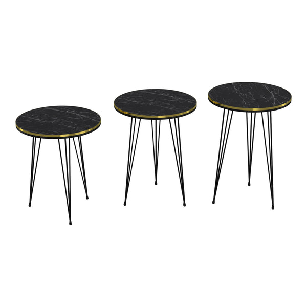 Table d'appoint Ry en lot de 3 Marbre, noir / or / noir [en.casa]