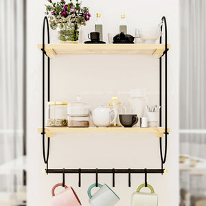 Étagère murale Pielavesi avec 6 crochets Noir/Nature [en.casa]