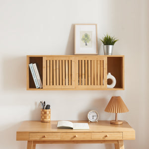 Étagère murale Grums avec 2 portes coulissantes bambou 93 x 20 x 33 cm naturel [en.casa]