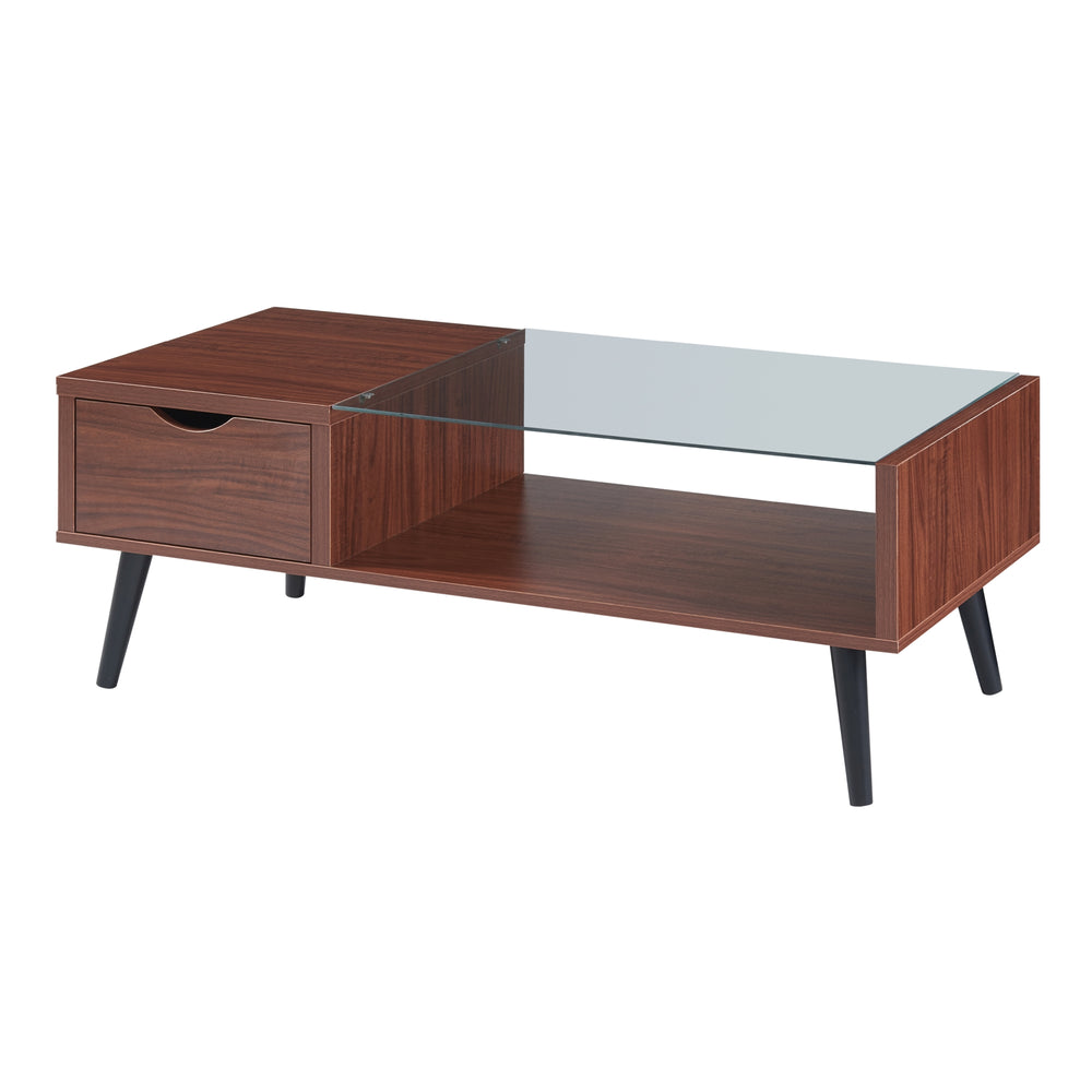 Table basse de salon Markaryd avec tiroir et étagère panneau de particules verre 110 x 50 x 40 cm effet noyer [en.casa]