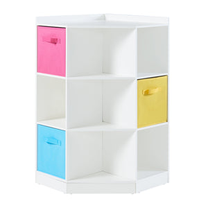 Étagère d'angle pour enfants Måsøy avec 9 compartiments ouvert et 3 boîtes de rangement 100 x 57 x 57 cm blanc rose bleu jaune [en.casa]
