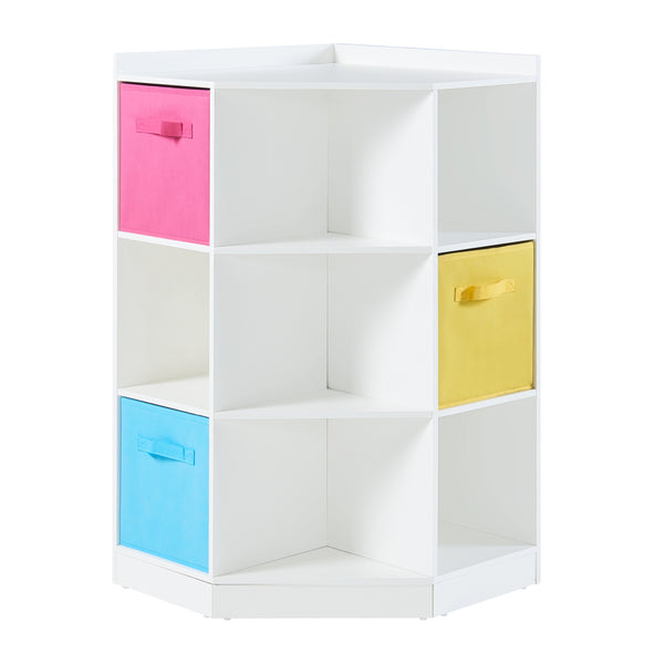 Étagère d'angle pour enfants Måsøy avec 9 compartiments ouvert et 3 boîtes de rangement 100 x 57 x 57 cm blanc rose bleu jaune [en.casa]