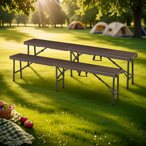 Lot de 2 bancs de camping pliables Lillestrøm 180 x 25 x 43 cm effet bois marron foncé [en.casa]