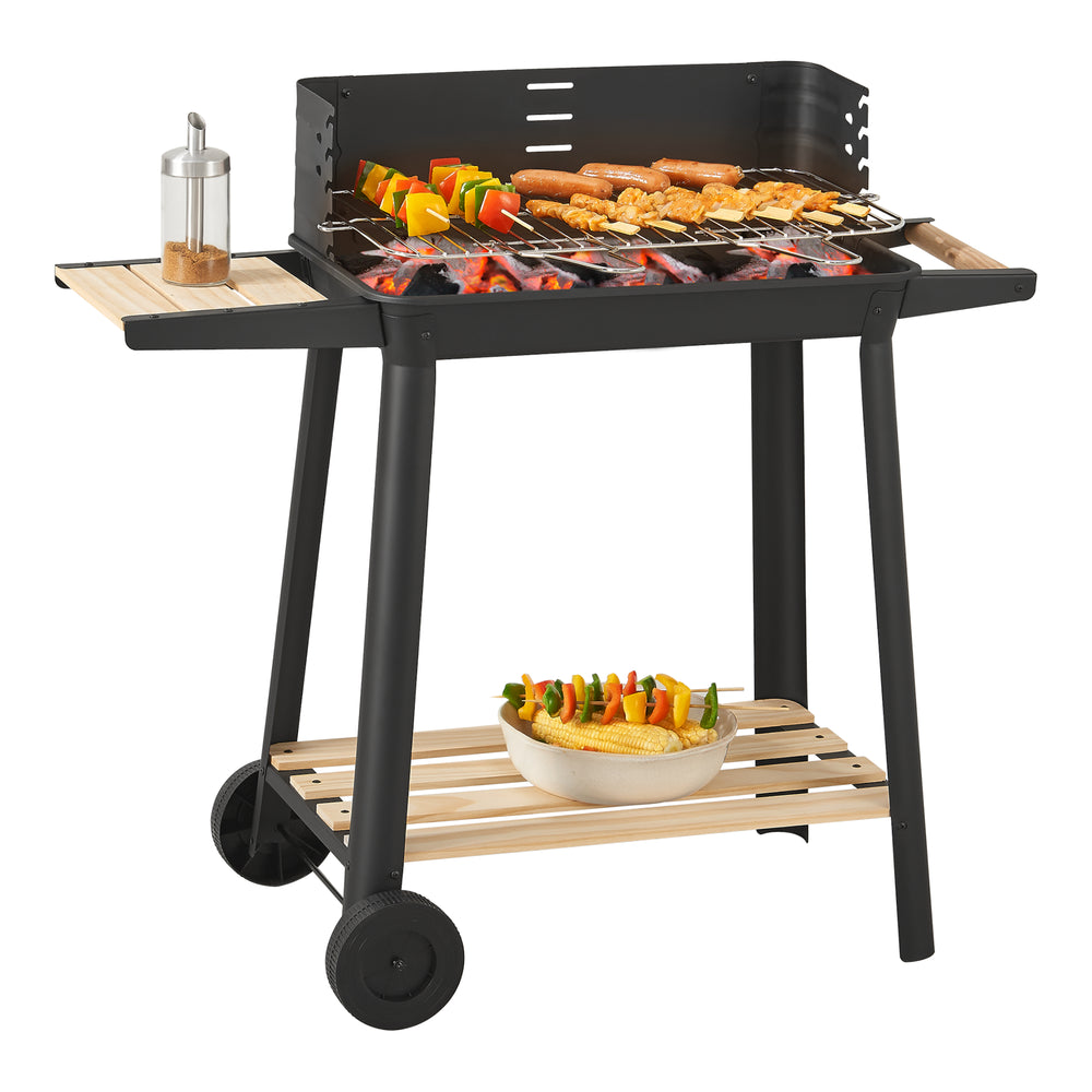 Chariot de barbecue Ari 78x86x30cm Noir/Bois [casa.pro]