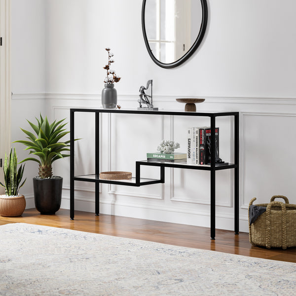 Console Videnel avec plateau en verre 120x30x76 cm Noir [en.casa]