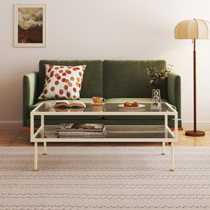 Table basse Lindau en acier avec plateau en verre 100x50x46 cm crème blanc [en.casa]