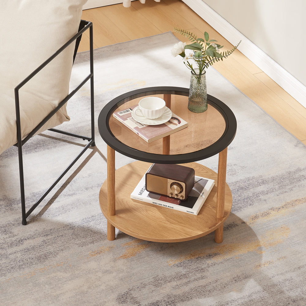 Beistelltisch Latama mit Glasplatte Ø51x45 cm Natur/Schwarz/Bronzeglas [en.casa] - premiumXL