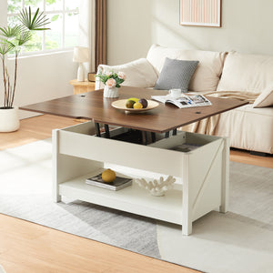 Table basse Kasama avec plateau relevable et espace de rangement 110x55x54 cm aspect noyer/blanc [en.casa]