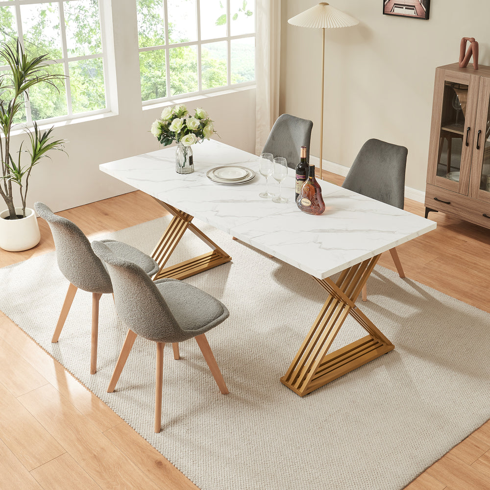 Table à manger Hujaari pour 6 personnes effet marbre blanc / doré [en.casa] 