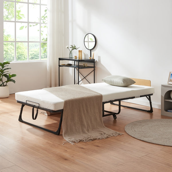 Lit pliant en métal Lustendi avec matelas 200x90cm Noir/effet chêne [en.casa]