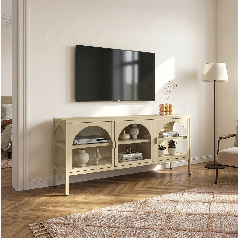 Buffet vitrine Klippestad acier verre 118 x 35 x 55 cm camel [en.casa]