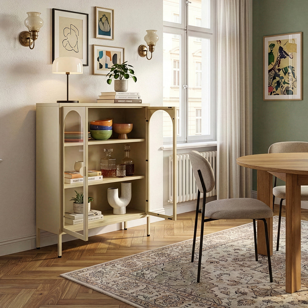 Buffet haut Klippestad acier verre trempé 95 x 80 x 35 cm camel [en.casa]