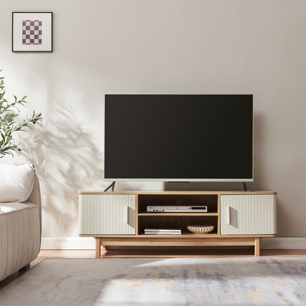 Meuble TV Ferrersp avec 2 portes 140x40x45 cm aspect chêne / couleur sable [en.casa]