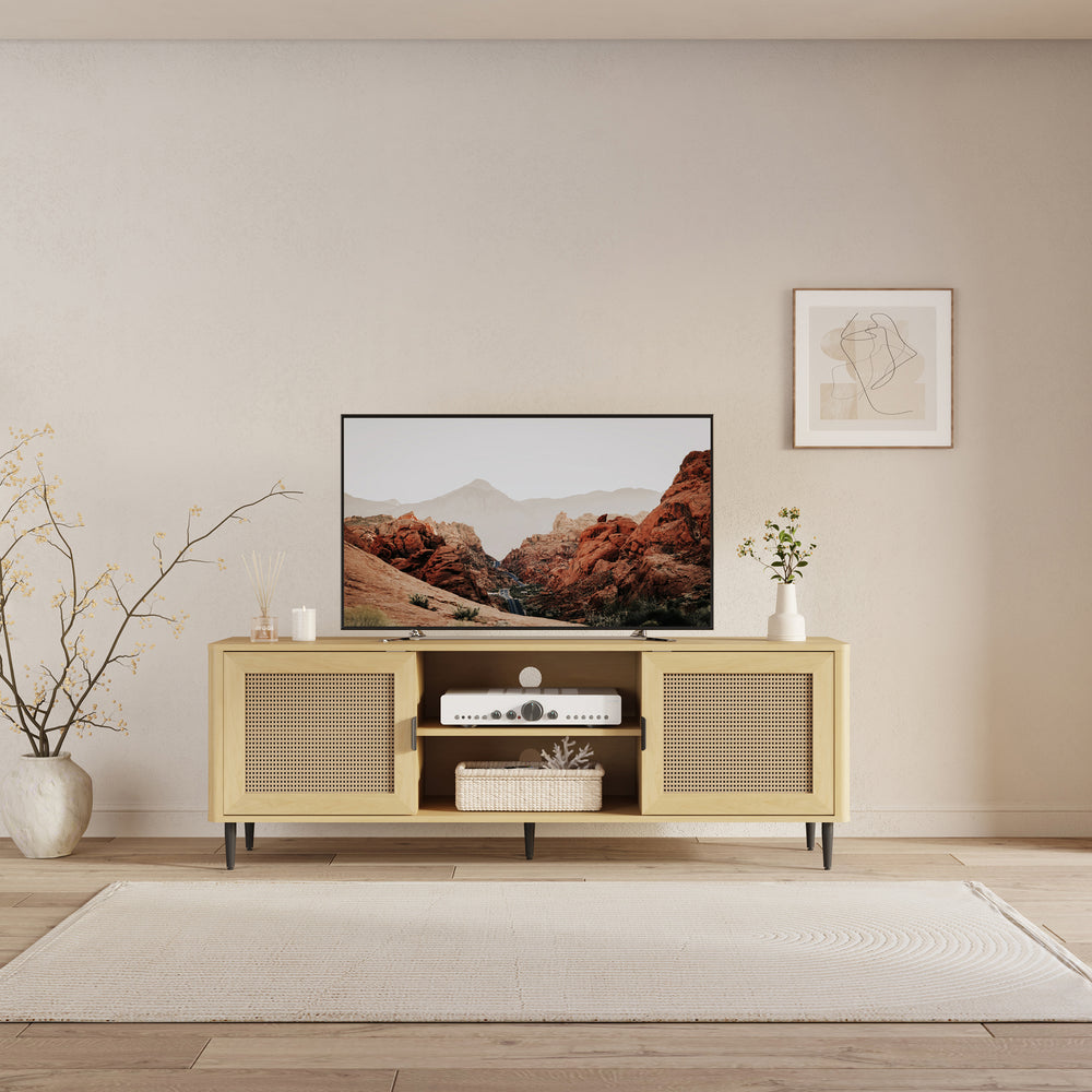 Meuble TV Lukhomso 152x40x54 cm aspect chêne / aspect rotin [en.casa]