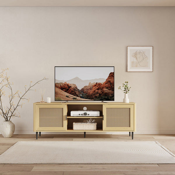 Meuble TV Lukhomso 152x40x54 cm aspect chêne / aspect rotin [en.casa]