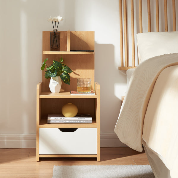 Table de chevet Bordkak avec étagère 75x35x30 cm aspect chêne/blanc [en.casa]