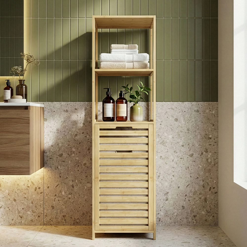 Étagère de salle de bain avec panier à linge Anun 130 x 36 x 33 cm bambou effet bois [en.casa]