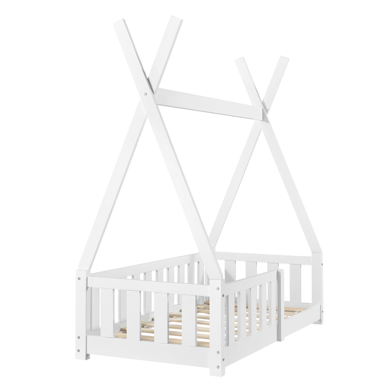 Croquis coté Lit Tipi pour Enfants Helsingborg avec Grille de Sécurité Pin 140 x 70 cm Blanc [en.casa]