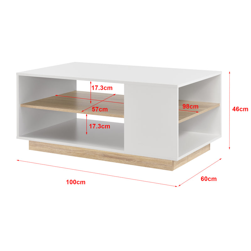 Croquis coté Table Basse avec Étagère de Stockage Trelleborg 46 x 100 x 60 cm Blanc Chêne [en.casa]
