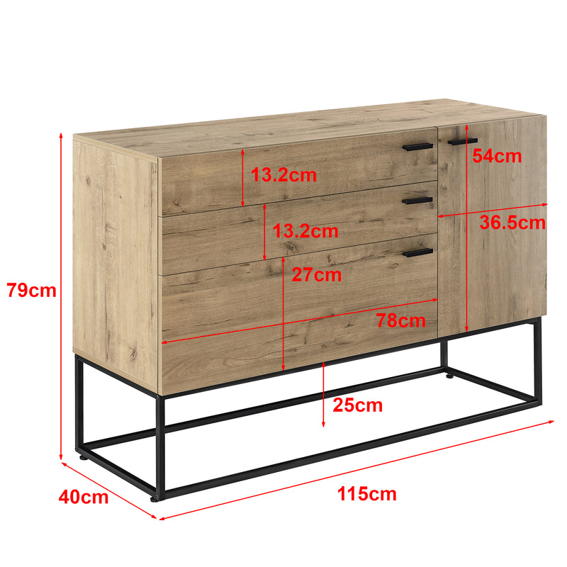 Croquis coté Commode Hylte pour Salon avec 3 Tiroirs 1 Porte 79 x 115 x 40 cm Effet Chêne Noir [en.casa]