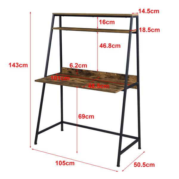 Bureau Alvdal 143x105x51cm avec 2 étagères Noir Ton de bois foncé [en.casa]