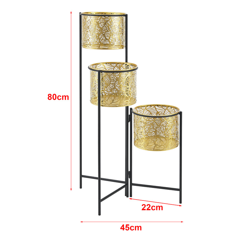 Croquis coté Support de plante (à 3 cache-pots) Verrebroek métal laiton noir [en.casa]