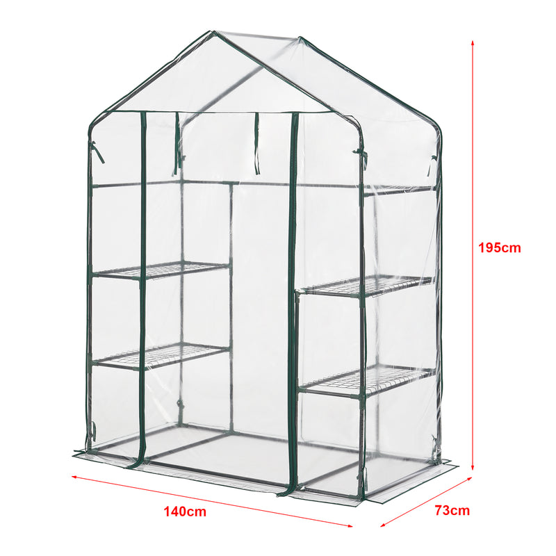 Croquis coté Serre de jardin Hoorn en acier et PVC avec étagères intégrées 140 x 73 x 195 cm [en.casa]