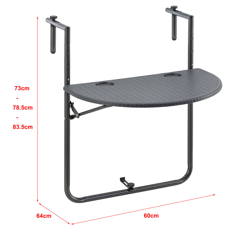 Croquis coté Table de balcon suspendue Cicala rabattable et réglable en hauteur 83,5 x 60 x 64 cm [en.casa]