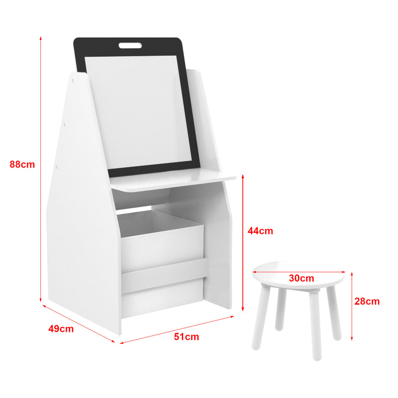 Croquis coté Bureau d'enfant et tabouret Ferrol avec tableau blanc intégré [en.casa]